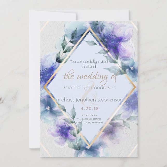 Bleu violet floral Invitation (Devant)