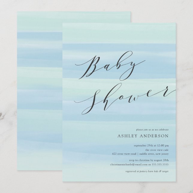 Bleu Watercolor Stripes Baby shower Invitation (Devant / Derrière)