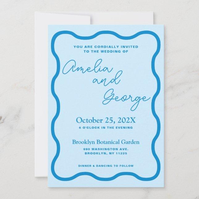 Bleu Wavy Retro Mariage Photo Invitation (Devant)