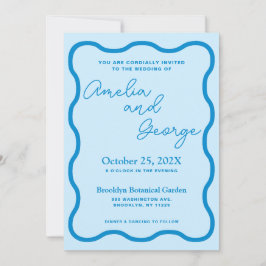 Bleu Wavy Retro Mariage Photo Invitation