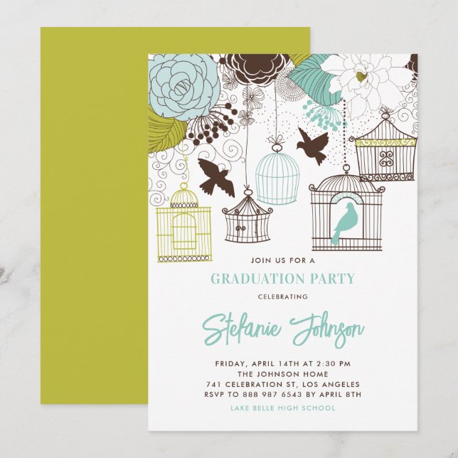 Bleu Whimsical Birdcages Graduation Invitation (Devant / Derrière)