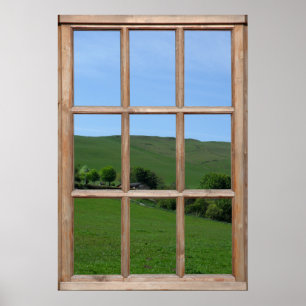 Blick auf den grünen Hügel aus einem Fenster Poster