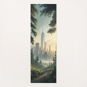 Blick auf die Skyline der Stadt vom dichten Wald. Yogamatte