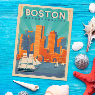 Blick auf die Skyline von Boston und auf Segelboot Postkarte
