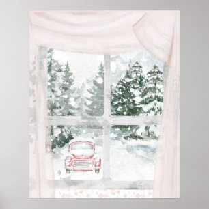 Blick auf einen schneebedeckten Wald durch ein Fen Poster