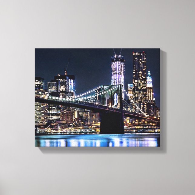 Blick auf New Yorks Brooklyn Bridge-Reflexion Leinwanddruck (Vorderseite)