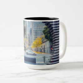 Blick auf San Francisco durch Metallrahmen Zweifarbige Tasse