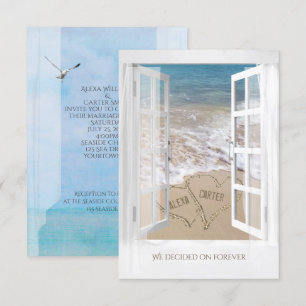 Blick aufs Meer mit Strandherzen Hochzeit Einladung