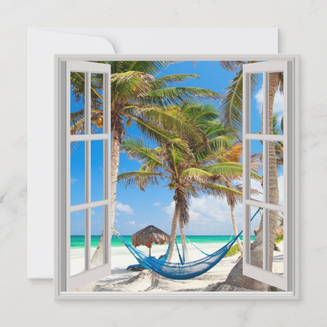 Blick durch die Fenster auf einen tropischen Stran (Vorderseite)