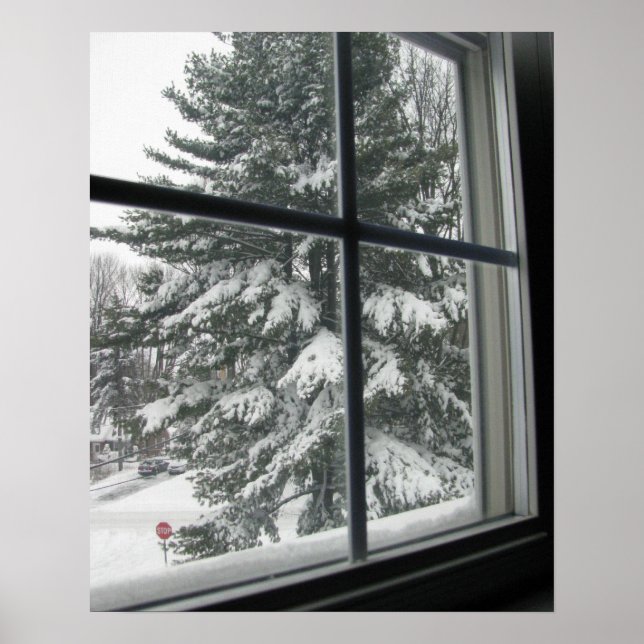 Blick vom Fenster des Schnees bedeckt Evergreen Poster (Vorne)