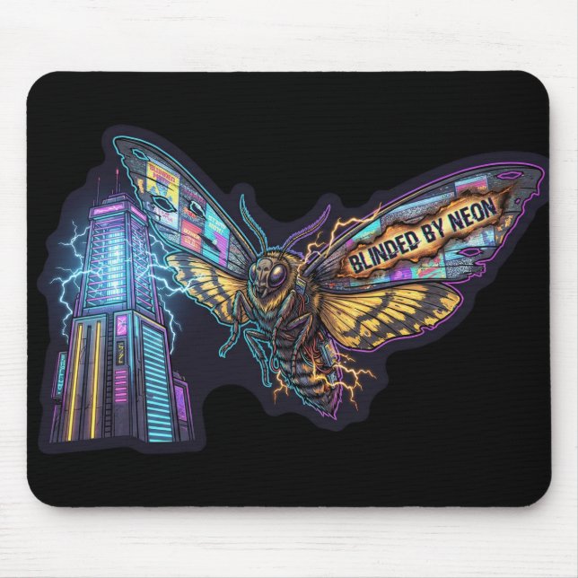 Blinded By Neon – Cyberpunk Moth City Lights Mousepad (Vorne)