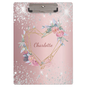Blindpink Blütensilber Glitzer Monogramm Klemmbrett