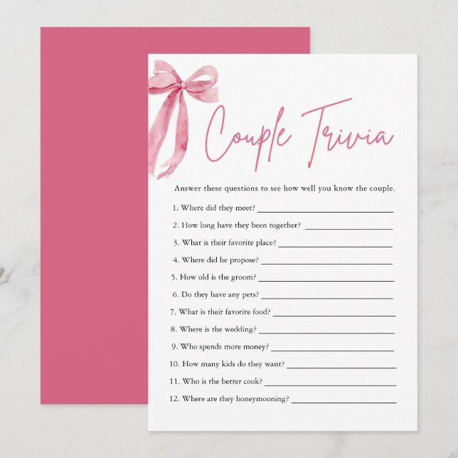 Blindpink Bow Couple Trivia Brautparty Game Einladung (Vorne/Hinten)