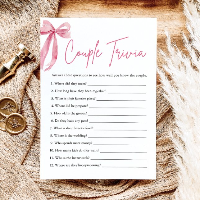 Blindpink Bow Couple Trivia Brautparty Game Einladung (Blush Pink Bow Couple Trivia Bridal Shower Game)