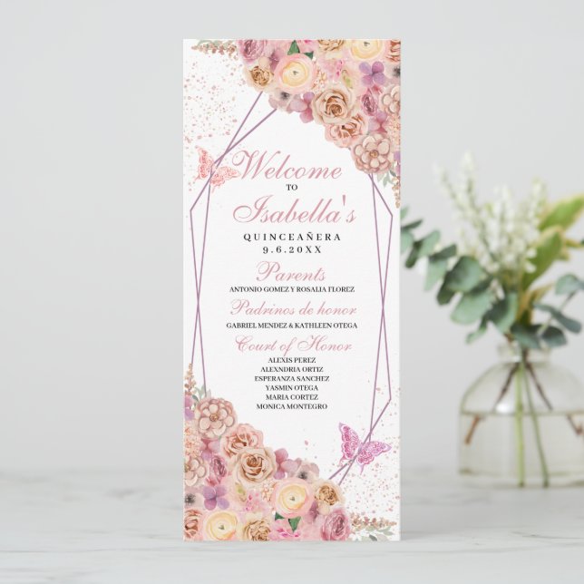 Blindpink Floral Quinceanera Programm (Stehend Vorderseite)