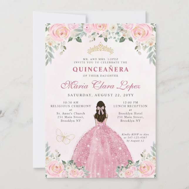 Blindpink Gold Floral Princess Tiara Quinceañera Einladung (Vorderseite)