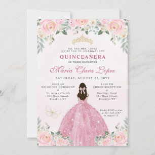 Blindpink Gold Floral Princess Tiara Quinceañera Einladung
