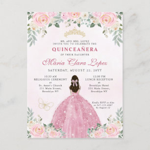 Blindpink Gold Floral Princess Tiara Quinceañera Einladungspostkarte