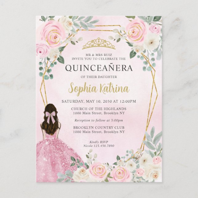 Blindpink Gold Floral Princess Tiara Quinceañera Postkarte (Vorderseite)