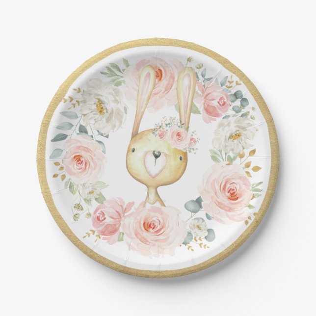 Blindpink Gold Floral Woodland Bunny Rabbit Baby Pappteller (Vorderseite)