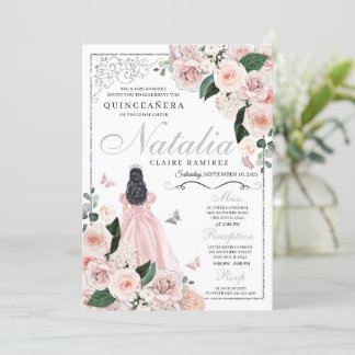 Blindpink Silber Blumenprinzessin Quinceanera Einladung