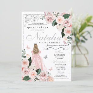 Blindpink Silber Blumenprinzessin Quinceanera Einladung