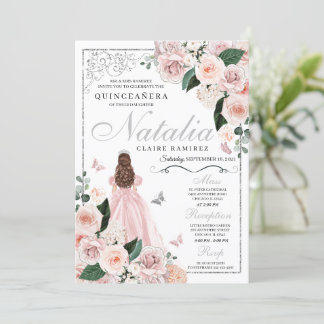 Blindpink Silber Blumenprinzessin Quinceanera Einladung