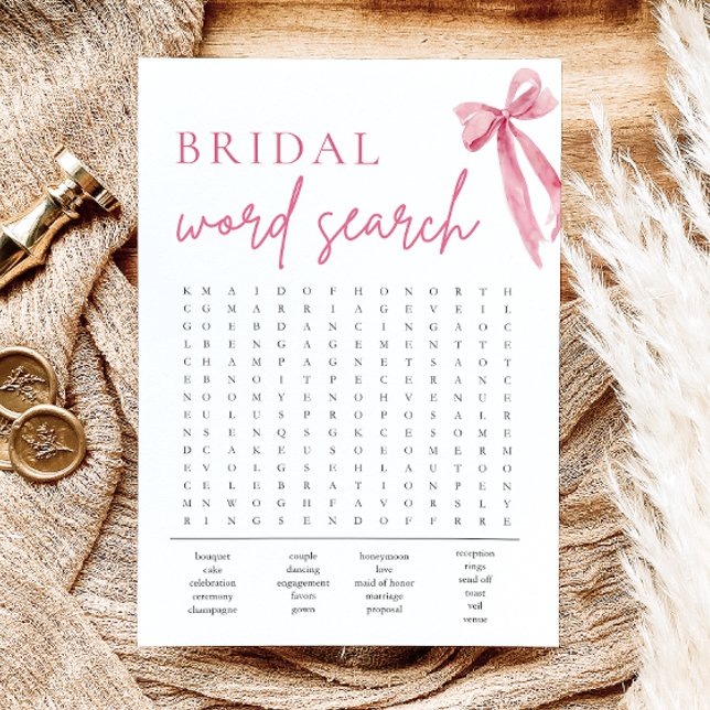 Blindrosa Brautparty-Suchspiel Einladung (Blush Pink Bow Bridal Shower Word Search Game)