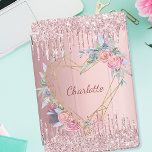 Blindrosa Glitzer Floralmonogramm iPad Pro Cover<br><div class="desc">Ein rot-rosa metallischer Hintergrund. Imitate Glitzer Tropfen,  Farbe tropfen sehen als Dekoration. Ein goldenes Herz mit rosa Blume. Personalisieren und einen Namen hinzufügen. Der Name ist eine moderne dunkle Rose goldfarbene handgeschriebene Schrift geschrieben.</div>