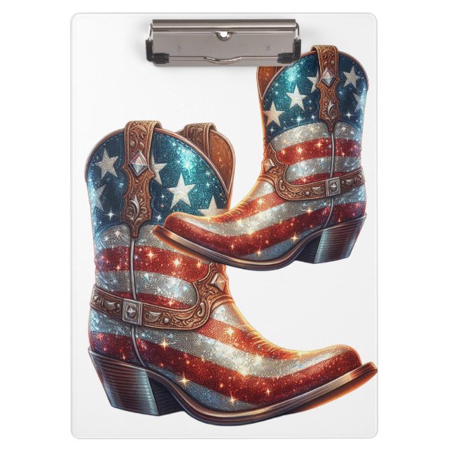 Bling American Flag Cowboy Boots Klemmbrett (Vorderseite)