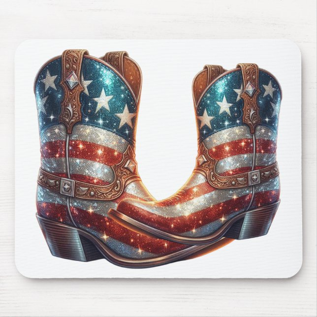 Bling American Flag Cowboy Boots Mousepad (Vorne)