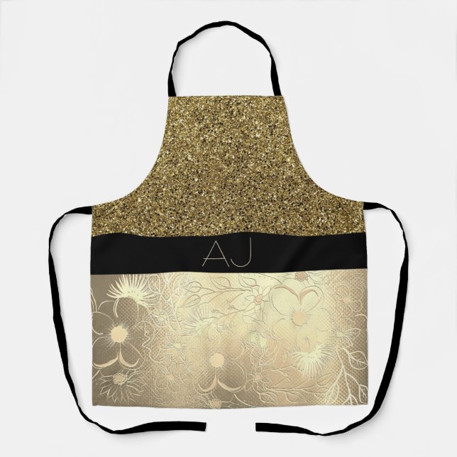Bling Bling Gold Glitzer und Black Floral Initiale Schürze (Vorderseite)