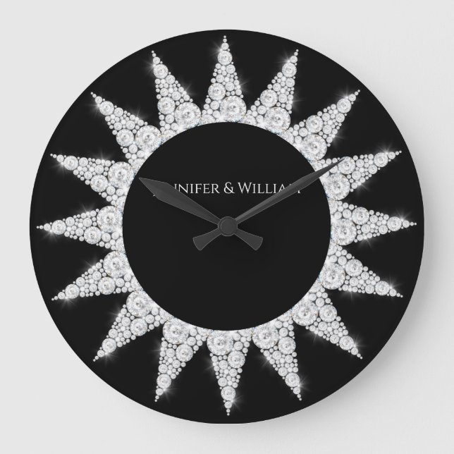 Bling Diamonds Elegantes Hochzeitsgeschenk Custom  Große Wanduhr (Vorderseite)