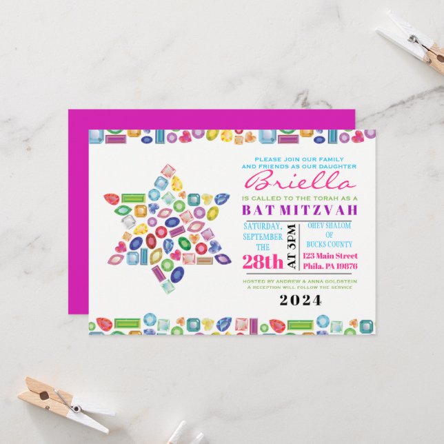 BLING Gemstone Bat Mitzvah Einladung (Vorderseite/Rückseite Beispiel)