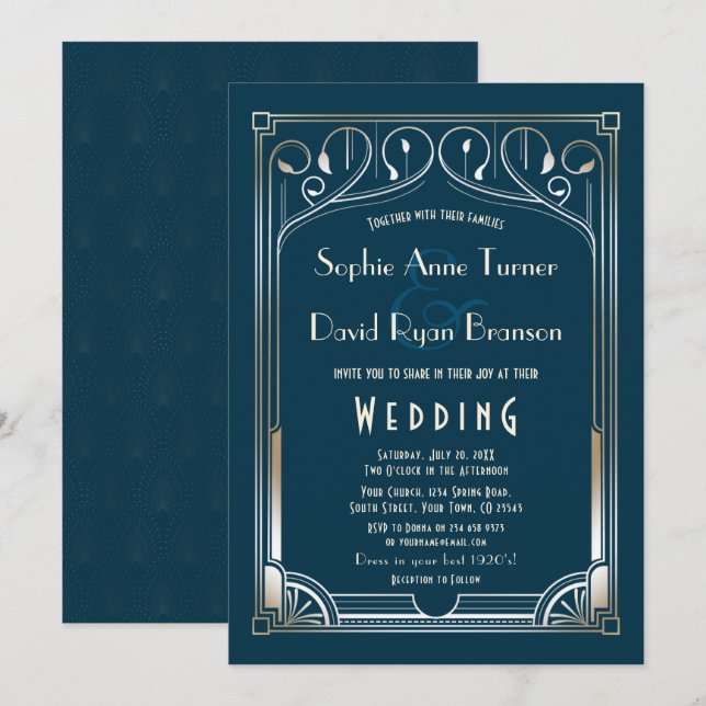 Bling Great Gatsby Gold Blue Art Deco Hochzeit Einladung (Vorne/Hinten)
