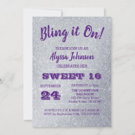 Bling it on Silver Glitzern Lila Sweet 16 Einladung