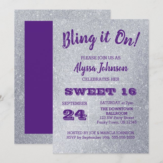 Bling it on Silver Glitzern Lila Sweet 16 Einladung (Vorne/Hinten)
