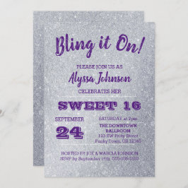 Bling it on Silver Glitzern Lila Sweet 16 Einladung