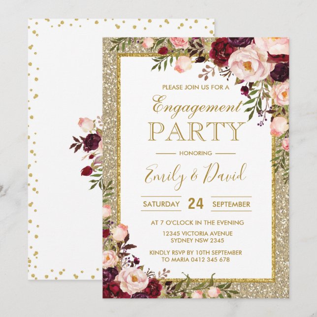 Bling Watercolor Burgundy Blush Rose Verlobung Einladung (Vorne/Hinten)