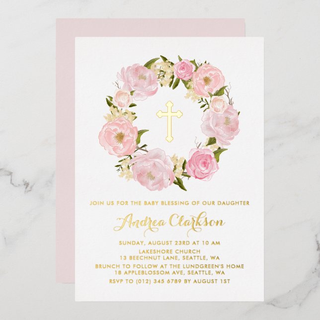 Blink Pink Peony Floral Wreath Baby Segen Folieneinladung (Vorderseite/Rückseite)