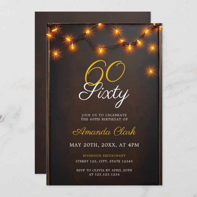 Blinkende Lichter mit rustikalem Charme 60. Geburt Einladung (Vorne/Hinten)