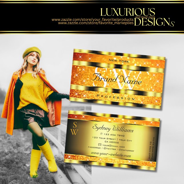 Blinky Gold Orange Gradient Glitzer Stars Initials Visitenkarte (Von Creator hochgeladen)