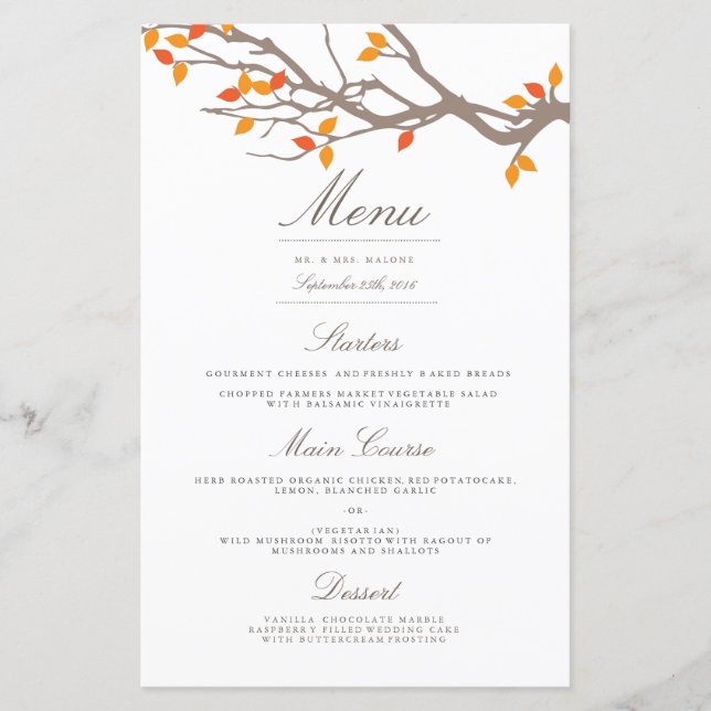 Blisser Branches Menu Mariage Dîner (Devant)