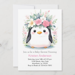 Blisses Pink Floral Pinguin Girl Baby Dusche Einladung