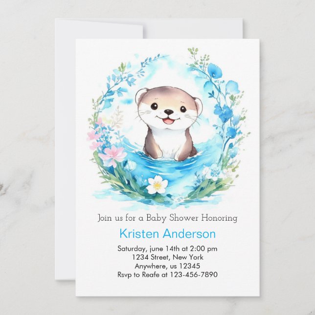 Blissful Otter Joyful Blue Floral Boy Baby Dusche Einladung (Vorderseite)