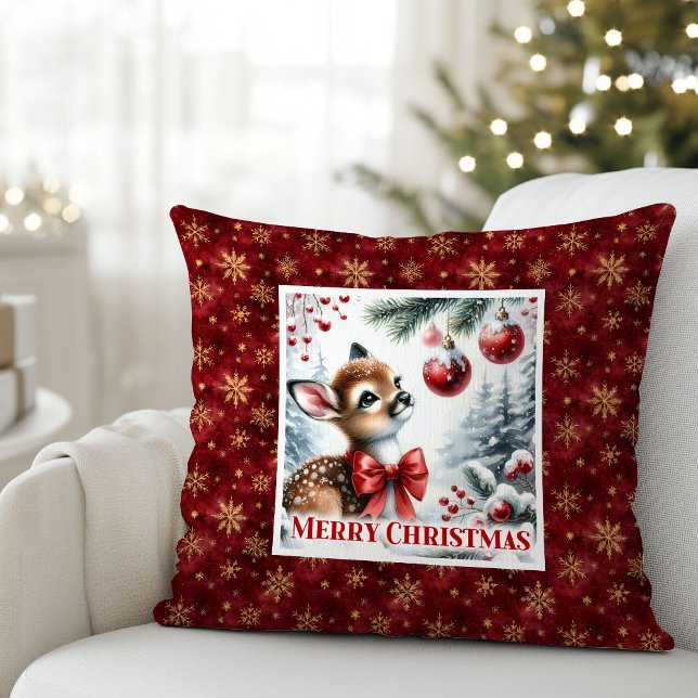 Blissful snowy forest Christmas scene baby deer  Kissen (Blissful snowy forest Christmas scene baby deer kids decor)
