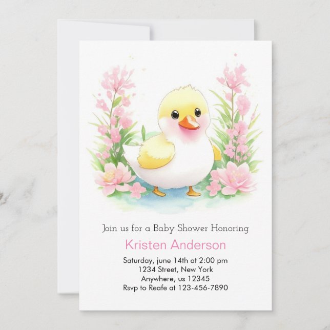 Blissling Duckling Wildblumen Girl Baby Dusche Einladung (Vorderseite)