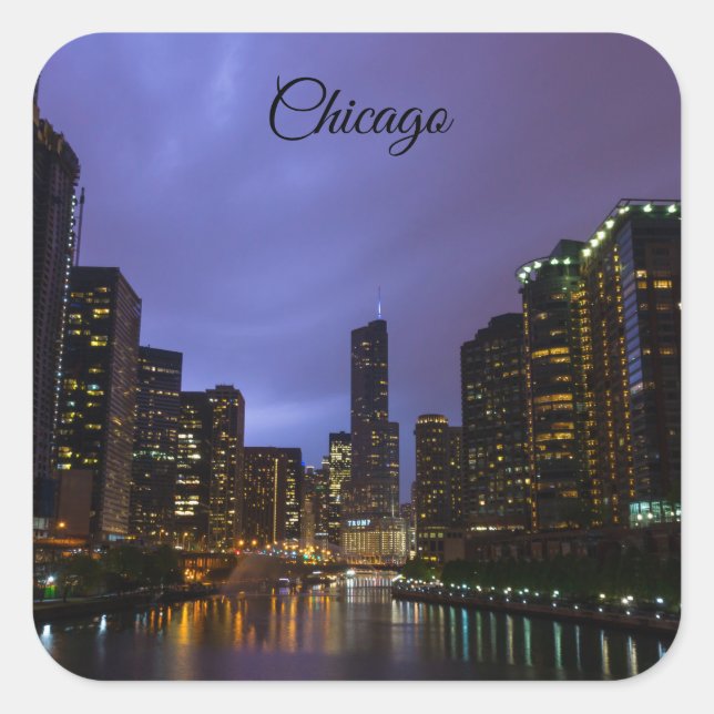 Blitze über dem Fluss Chicago Quadratischer Aufkleber (Vorderseite)
