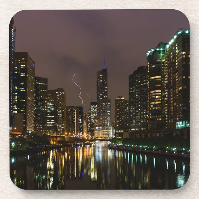 Blitzschlag über dem Fluss Chicago Getränkeuntersetzer (Vorderseite)