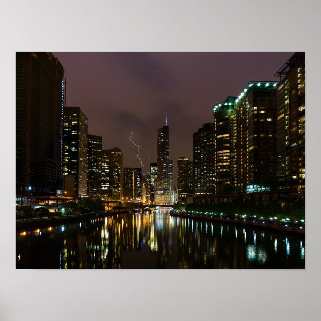 Blitzschlag über dem Fluss Chicago Poster (Vorne)